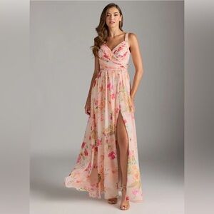 Azazie Chanel Floral A-Line Pleated Chiffon Dress, size 6
